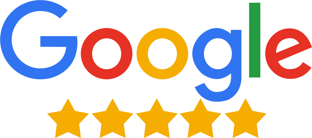 Google logo with a row of five yellow stars underneath, indicating a five-star rating