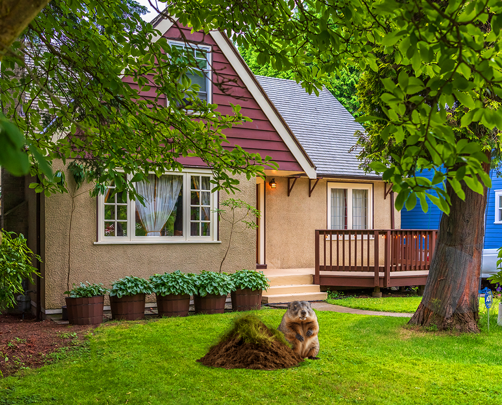 Small groundhog sitting beside a dirt mound in a green front yard with a beige stucco house and wooden porch behind it.