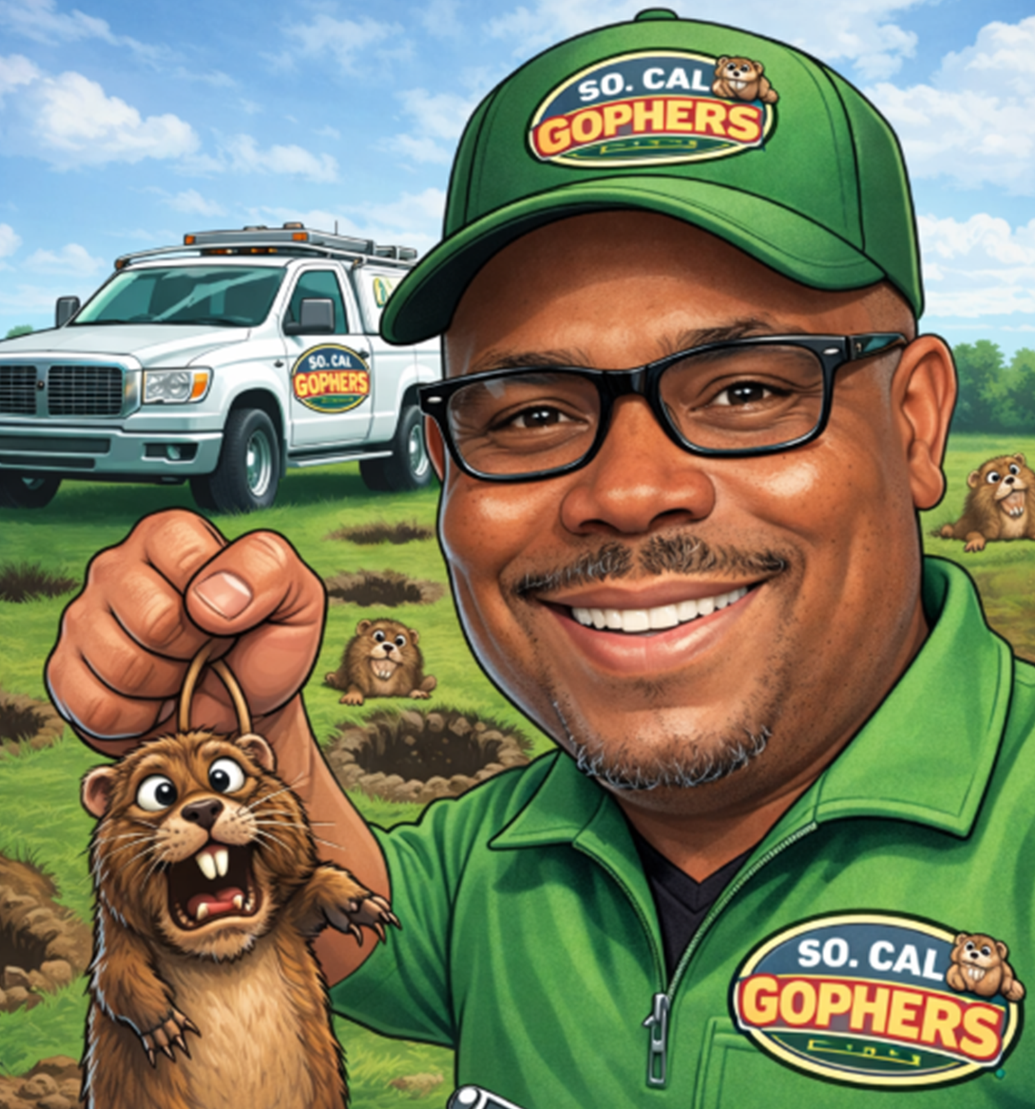 Cartoon portrait of a So. Cal Gophers worker in a green uniform holding a gopher by a string, with a company truck in the background on a grassy field.