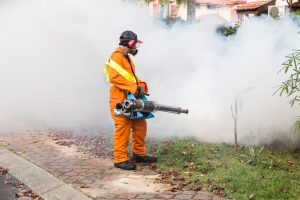 Pest control technician performing mosquito control services with a fogging treatment to reduce mosquito populations in a residential neighborhood.