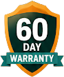 Orange shield badge displaying '60 DAY WARRANTY' with a teal ribbon accent.