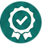 Certification badge: laurel wreath surrounding a gear icon at center