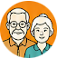 Smiling elderly man with glasses and a smiling woman beside him, shown against an orange circular background.
